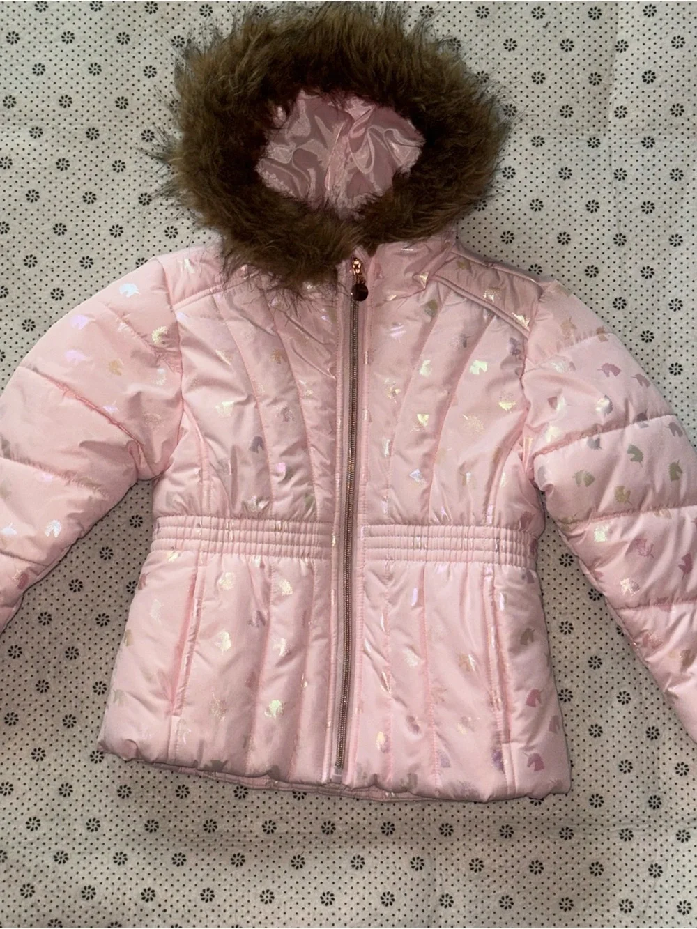 Pink Girls' Hooded Puffer Jacket with Faux Fur Trim